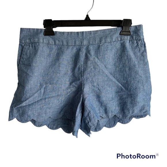 LOFT The Riviera Chambray Scalloped Ladies Linen Blend Casual Shorts, 10 - Picture 1 of 7